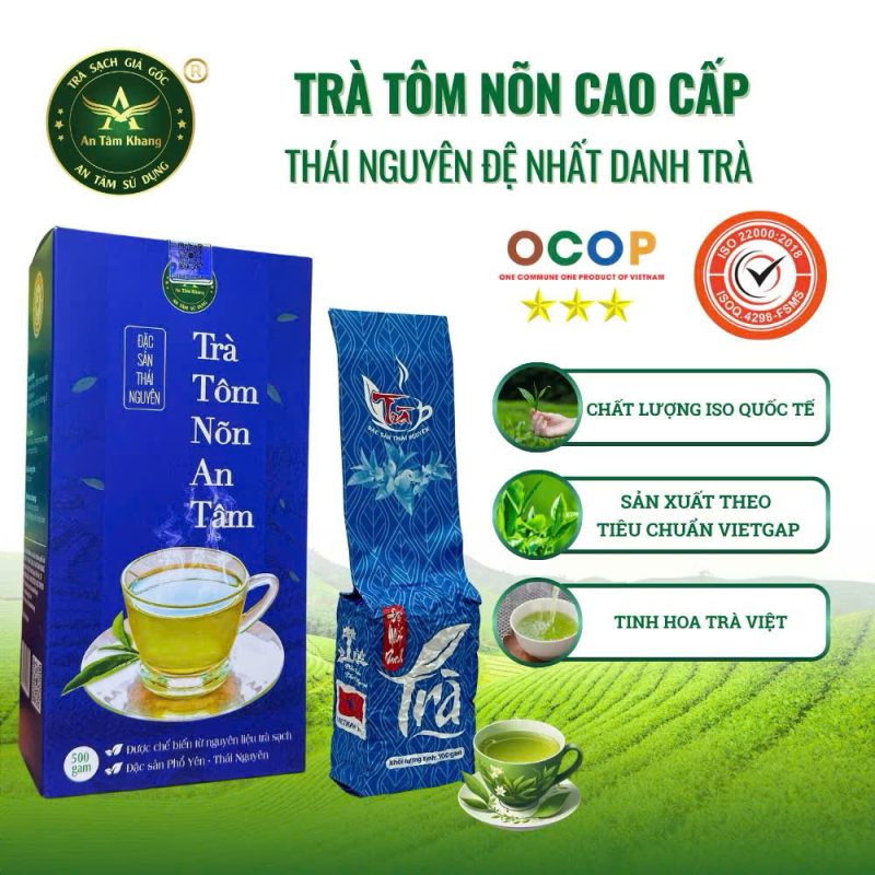 Trà Tôm Nõn Cao Cấp - Trà Thái Nguyên An Tâm Khang - Hộp Trà Xanh 500g (5 gói x 100g) - Quà Biếu