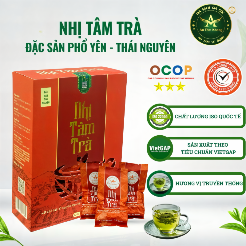Trà Thái Nguyên - Nhị Tâm Trà - Hộp 200gam (20 gói x 10gam) Chè Thái Nguyên
