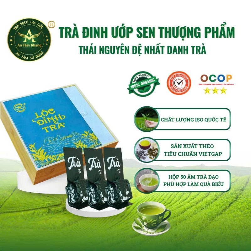 Trà Đinh Ướp Sen Tây Hồ – Trà Xanh Thượng Phẩm An Tâm Khang – Hộp 500g – Quà Biếu Sang Trọng