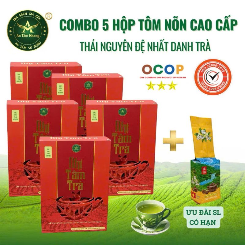 Khuyến mãi mua 5 hộp trà tôm nõn cao cấp tặng 100g trà đinh An Tâm Khang