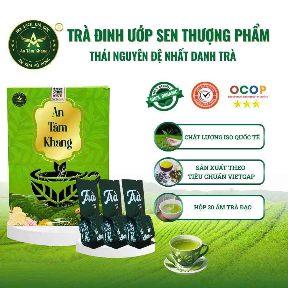 Trà Đinh Ướp Sen Tây Hồ - Trà Xanh Thượng Phẩm An Tâm Khang - Hộp 200g (20 gói x 10g) - Tiện Lợi