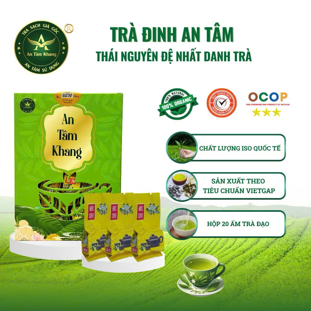 Trà Đinh Hảo Hạng Thái Nguyên - Trà Xanh Cao Cấp An Tâm Khang - Hộp 200g (20 gói x 10g) - Tiện Lợi