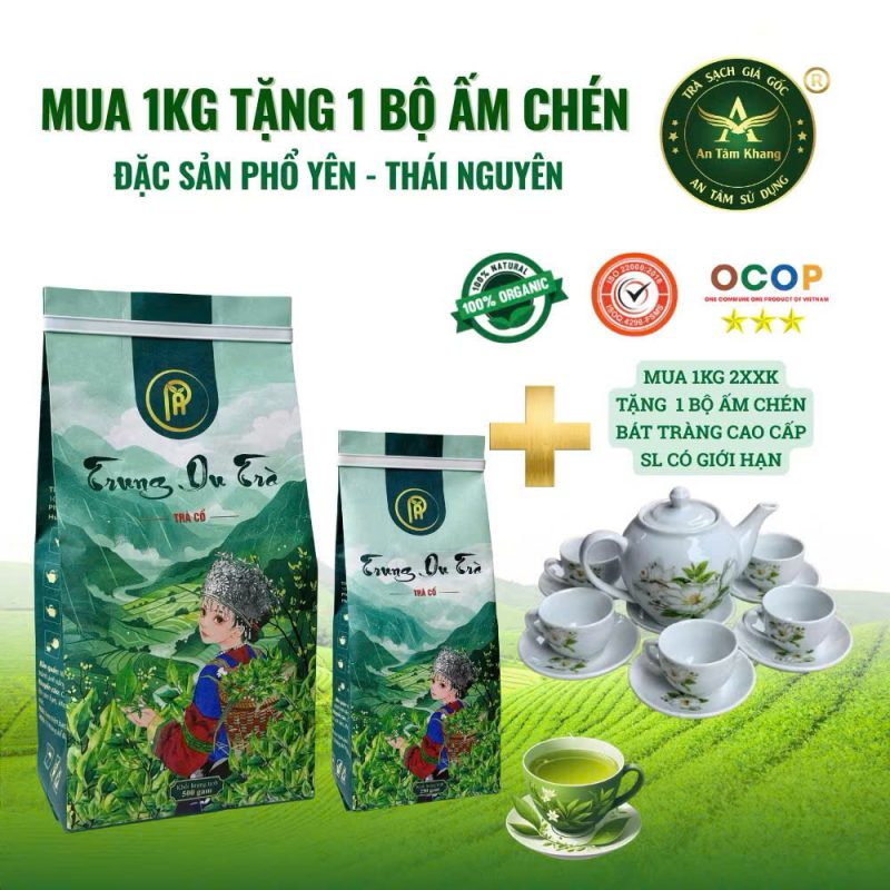 Combo Trà Thái Nguyên Búp Trung Du 1KG An Tâm Khang + Ấm Chén Bát Tràng Cao Cấp